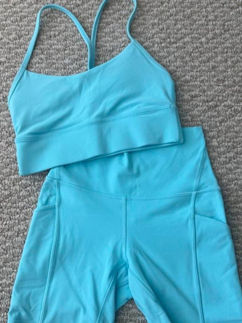 Lululemon Aqua Blue Set: Flow Y Sports Bra and Align High-Rise Pocket Shorts